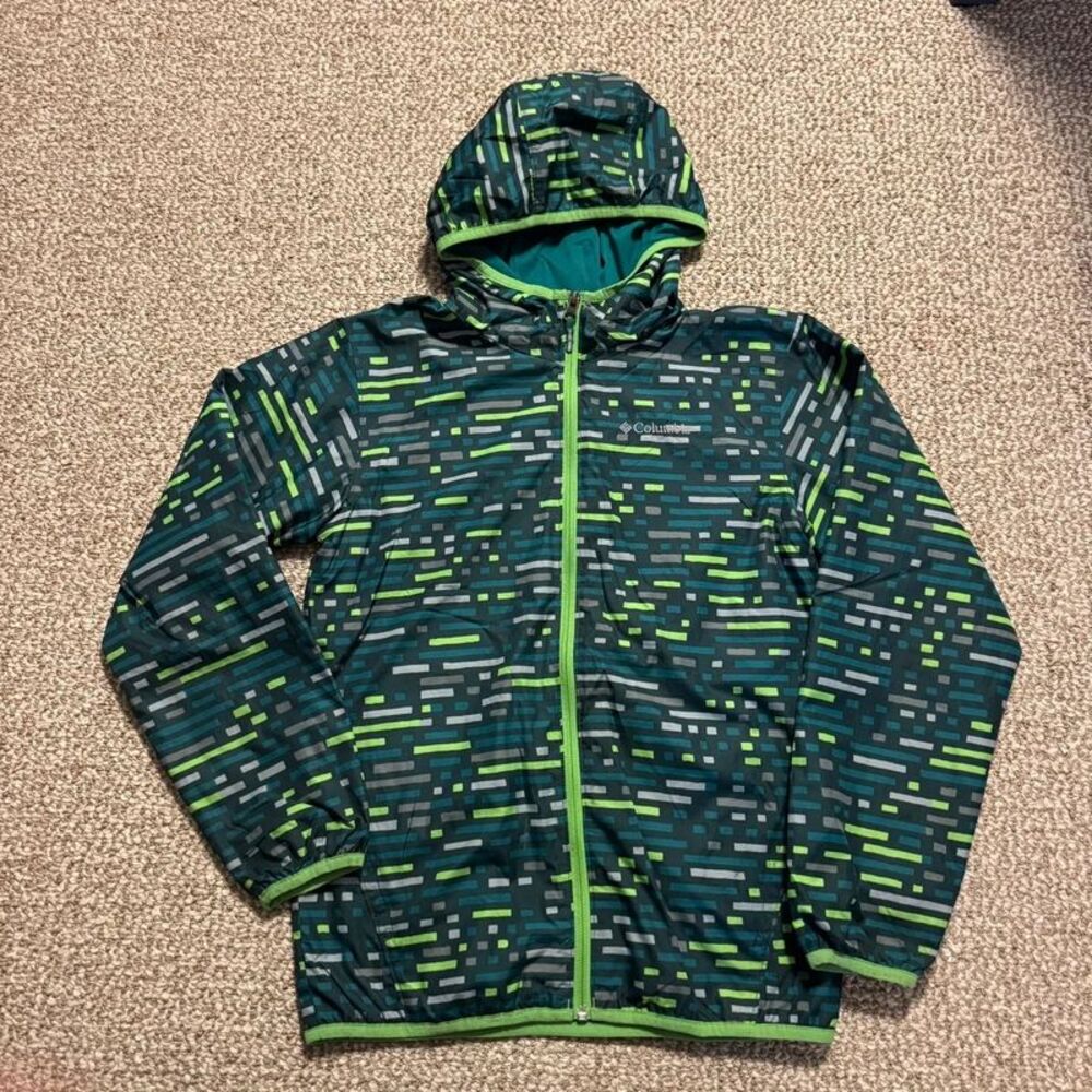 Columbia Omni-Wick Hooded Windbreaker Jacket Green Print Youth Large